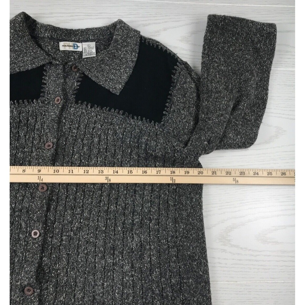 Vintage Paul Harris Design Sweater Womens L Gray Black Leather Trim Button Up - Picture 4 of 11